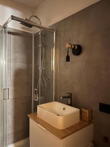 y baño con lavabo blanco y ducha. en Cataleya Laceno en Villaggio Laceno