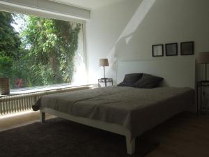 a bedroom with a bed and a large window at Das Stadthaus in Bad Salzuflen