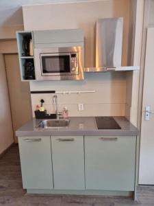 a kitchen with a sink and a microwave at Studio Trenz - stylish duo studio in Groningen