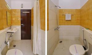 two pictures of a bathroom with a toilet and a sink at FabExpress Central Park in Dehradun