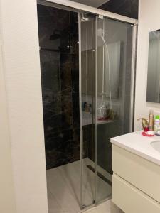 una doccia con porta in vetro in bagno di Appartement dans hôtel Pullman a Istanbul