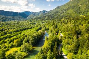 Pr' Vili Rozi في Osilnica: اطلالة جوية على نهر في وادي به جبال