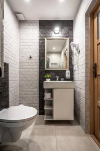 a bathroom with a sink and a toilet and a mirror at Domki Górskie Janosik, Kwicoł i Pyzdra in Gliczarów