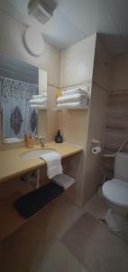 a bathroom with a sink and a toilet and a mirror at דירת נופש היהלום שבחושן in Eilat +15 photos