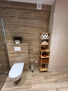 łazienka z toaletą i drewnianą ścianą w obiekcie Apartmán Nad Úpou w mieście Pec pod Sněžkou