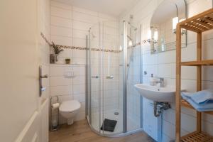a bathroom with a shower and a sink and a toilet at Haus Selene in Neu Sallenthin