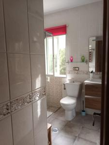 een badkamer met een toilet, een wastafel en een raam bij La alacena de Jose y Rosi in Güéjar-Sierra