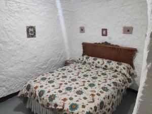 GorafeにあるCueva Navarroの白い壁のベッドルームのベッド1台