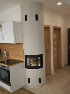 una sala de estar con chimenea en una columna blanca en Moderný byt s krbom a klimatizáciou, en Prešov