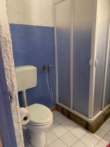 y baño azul con aseo y ducha. en Cactus b&b Le casette di Marilena en Pantelleria