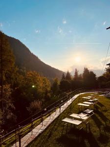 una fila di panchine sedute in cima a una collina di Orobie Alps Resort a Roncobello