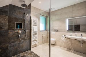 a bathroom with a shower and a toilet and a sink at Hotel Langenwaldsee in Freudenstadt