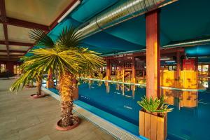 a building with two palm trees in front of a pool at Miraj Resort in Lučenec