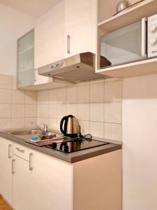 a kitchen with a stove with a tea kettle on it at Apartman Podgora with beautiful sea view in Podgora