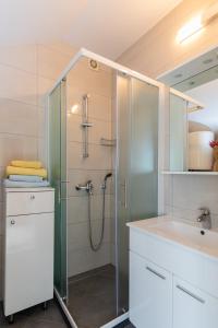 La salle de bains est pourvue d'une douche et d'un lavabo. dans l'établissement Apartments Katarina, à Dubrovnik