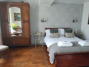 a bedroom with a bed and a large mirror at Les Houstalous in Lacombe