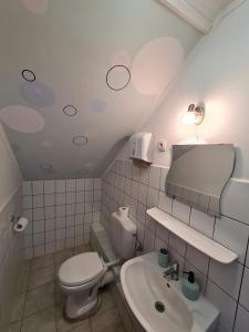 ein weißes Bad mit einem WC und einem Waschbecken in der Unterkunft Palantír Panzió in Miskolc