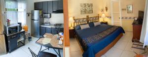 a bedroom with a bed and a small kitchen at Las Casitas Campestres de Fraida - Un Oasis dentro de la Ciudad in Guadalajara