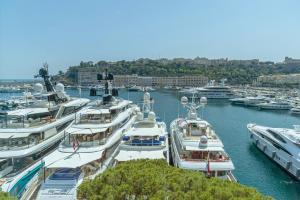 a group of boats docked in a harbor at Port Palace in Monte Carlo
