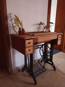 a wooden desk with potted plants on top of it at La Casa del Colibrí in San Pedro