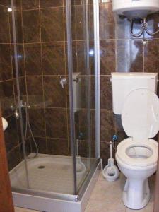 a bathroom with a toilet and a glass shower at Bojana Blue Retreat in Ulcinj