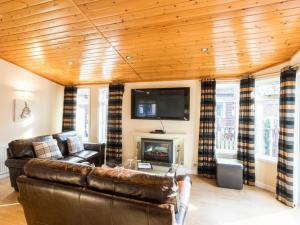 a living room with a leather couch and a fireplace at Windermere Retreat - White Cross Bay Holiday Park in Windermere