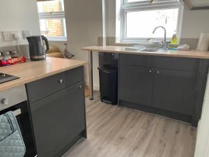 a kitchen with black cabinets and a sink and a window at Character Town Centre 1 Bed Flat Boston in Boston