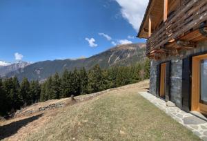 a house on a hill with a view of a mountain at Chalet Baita delle Favole di RosaRita in Berbenno di Valtellina