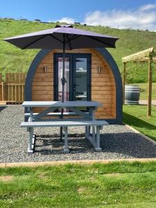 a picnic table with an umbrella in front of a shed at Marina Bay Pods in Aberdeen