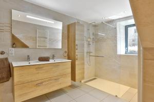 uma casa de banho com um chuveiro, um lavatório e uma cabina de duche em vidro. em Ferme des Petites Oreilles 4 étoiles em Montignac