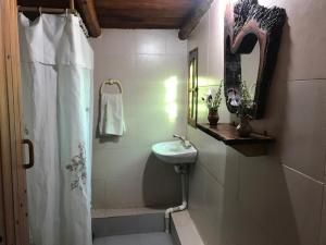 y baño con lavabo y ducha. en Pachamama cabañas en la montaña en Mina Clavero