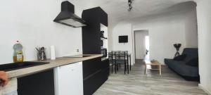 cocina con encimera y sala de estar. en Appartement Le république idéalement situé., en Saint-Ambroix