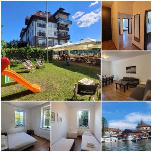 a collage of photos of a building and a house at Apartament żeglarski Węgorzewo in Węgorzewo