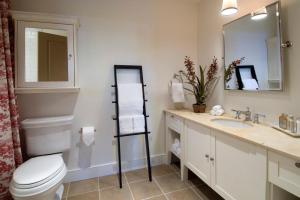 a bathroom with a toilet and a sink and a mirror at Clay Brook Hotel at Sugarbush in Warren