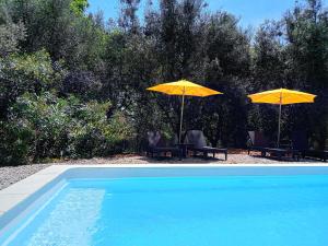 zwei gelbe Sonnenschirme und zwei Stühle und ein Pool in der Unterkunft Chalet "Le Petit olivier" gîtes appart 'hôtel L'ÉCHAPPÉE BELLE D'AUBENAS Logement 2 sur 3 in Aubenas