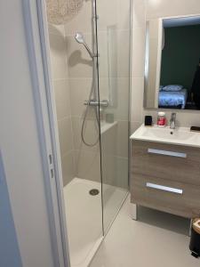 a bathroom with a shower and a sink at Appartement en centre - résidence privée, vue mer in Porto-Vecchio