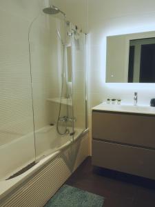 uma casa de banho com um chuveiro e um lavatório. em Chez Jo chambre d'hôtes em Montastruc-la-Conseillère