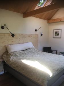 um quarto com uma cama com duas luzes por cima em B&B 't Varkenshuus em Aalten