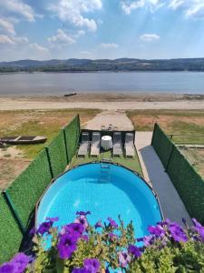 a swimming pool with chairs and a view of the water at Vila ČAROLIJA Futog in Futog