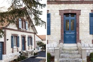 una porta blu su una casa di mattoni con scala di Ô PLUM'ART Chambres de caractère a Giverny