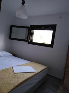 a bedroom with a bed and a window in it at Σπίτι με σοφίτα μπροστά στη θάλασσα in Trápeza