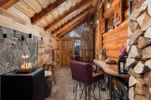 a log cabin living room with a fireplace and a stone wall at Roza in Kupjak