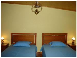 twee bedden in een slaapkamer met blauwe lakens en een lamp bij Casa do Planalto Mirandês in Miranda do Douro