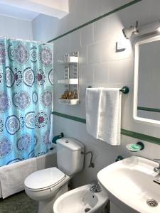 a bathroom with a toilet and a sink and a mirror at Casa el Tejar - Apartamento céntrico y acogedor in Arcos de Jalón