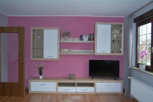 un soggiorno con TV e parete rosa di STORCHENALLEE a Burg