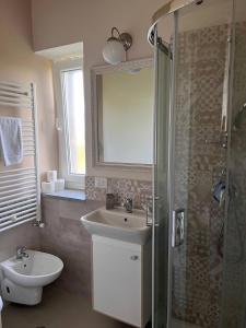 een badkamer met een wastafel, een douche en een toilet bij L'Antico Gelso in Viggiano