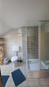 een badkamer met douche en toilet bij Holiday Apartment in Oberveischede +35 foto's