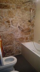 een stenen badkamer met een toilet en een bad bij Turismo Rural Macieira Brava in Guarda