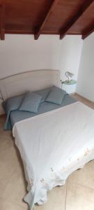 a white bed with blue pillows in a room at Sal Service new studio penthouse in Santa Maria