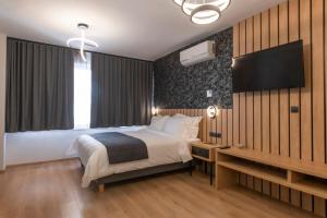 ein Schlafzimmer mit einem Bett, einem Schreibtisch und einem Fernseher in der Unterkunft Ethereal Athεns in Athen